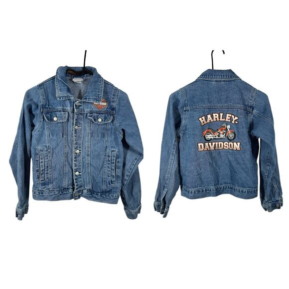 Harley Davidson Motorcycle Blue Jean Denim Logo Trucker Jacket Big Kid 12/14 - Picture 12 of 12